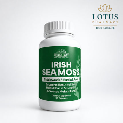 Country Farms Irish Sea Moss Capsules feature a triple-blend formula combining Irish sea moss, bladderwrack, and burdock root. This marine and botanical wellness formula is traditionally used to support overall wellness, mineral intake, skin health, and digestive balance.

Irish sea moss (Chondrus crispus) is a mineral-rich red algae traditionally used in wellness routines for nutritional support and overall vitality.