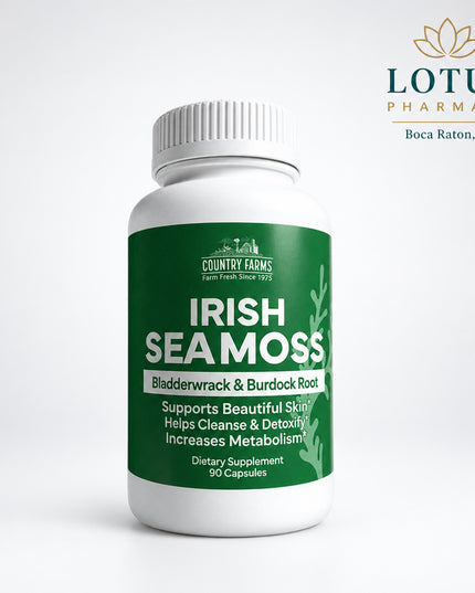 Country Farms Irish Sea Moss Capsules feature a triple-blend formula combining Irish sea moss, bladderwrack, and burdock root. This marine and botanical wellness formula is traditionally used to support overall wellness, mineral intake, skin health, and digestive balance.

Irish sea moss (Chondrus crispus) is a mineral-rich red algae traditionally used in wellness routines for nutritional support and overall vitality.