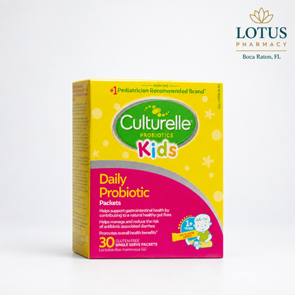 Culturelle Kids Daily Probiotic Packets are a flavorless, easy-to-mix probiotic supplement formulated to support healthy digestion and immune function in children ages 1 year and older. Each packet provides 5 billion CFU of Lactobacillus rhamnosus GG (LGG®), a well-studied probiotic strain used in pediatric digestive health products.