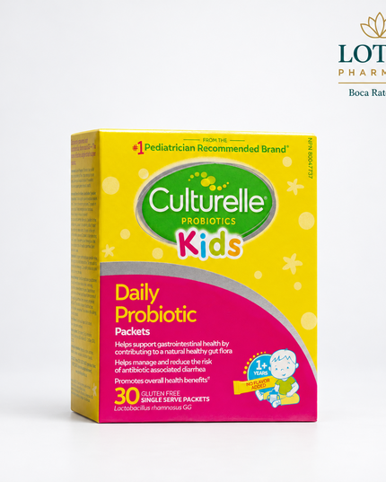 Culturelle Kids Daily Probiotic Packets are a flavorless, easy-to-mix probiotic supplement formulated to support healthy digestion and immune function in children ages 1 year and older. Each packet provides 5 billion CFU of Lactobacillus rhamnosus GG (LGG®), a well-studied probiotic strain used in pediatric digestive health products.