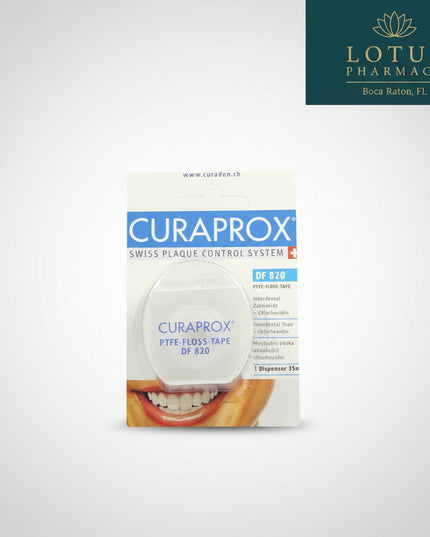 Curaprox DF 820 Interdental Tape with Chlorhexidine is a 35-meter waxed dental tape designed for effective cleaning of the interdental spaces and along the gumline.

Unlike conventional thin dental floss, DF 820 has a wide, tape-like surface, providing greater contact with the sides of the teeth during cleaning. It is particularly suitable for people who prefer a broader floss or have wider interdental spaces.

The tape is waxed for smoot