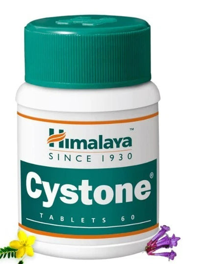 Himalaya Cystone tablet container with green lid on a white background