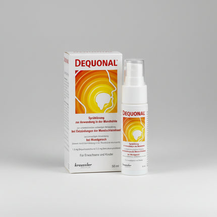 DEQUONAL® Spray is a German antiseptic medicinal spray for use in the mouth and oral cavity. It contains two antiseptic active ingredients — dequalinium chloride and benzalkonium chloride — and is intended for temporary supportive treatment of inflammation of the oral mucosa and for temporary treatment of bad breath caused by microorganisms in the mouth.

The convenient pump spray allows the solution to be applied directly to affected areas of the mouth. DEQUONAL is sugar-free, gluten-free, and lactose-free