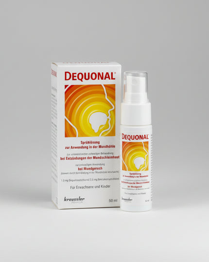 DEQUONAL® Spray is a German antiseptic medicinal spray for use in the mouth and oral cavity. It contains two antiseptic active ingredients — dequalinium chloride and benzalkonium chloride — and is intended for temporary supportive treatment of inflammation of the oral mucosa and for temporary treatment of bad breath caused by microorganisms in the mouth.

The convenient pump spray allows the solution to be applied directly to affected areas of the mouth. DEQUONAL is sugar-free, gluten-free, and lactose-free