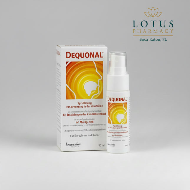 DEQUONAL® Spray is a German antiseptic medicinal spray for use in the mouth and oral cavity. It contains two antiseptic active ingredients — dequalinium chloride and benzalkonium chloride — and is intended for temporary supportive treatment of inflammation of the oral mucosa and for temporary treatment of bad breath caused by microorganisms in the mouth.

The convenient pump spray allows the solution to be applied directly to affected areas of the mouth. DEQUONAL is sugar-free, gluten-free, and lactose-free