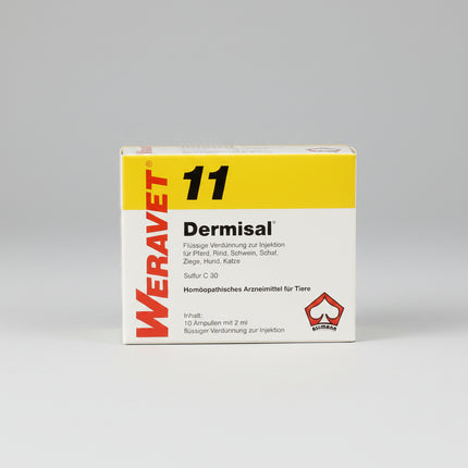 DERMISAL® 11 Ampoules Vet. is a German homeopathic veterinary medicinal product containing Sulfur C30. It is supplied as a liquid dilution for injection and is intended for veterinary use in horses, cattle, pigs, sheep, goats, dogs, and cats.

According to the manufacturer, DERMISAL 11 is traditionally used within veterinary homeopathy for dry and weeping eczema, parasitic eczema, hair loss, and as constitutional support for animals with a pronounced unpleasant body odor. It is also traditionally used durin