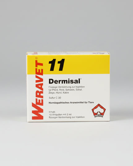 DERMISAL® 11 Ampoules Vet. is a German homeopathic veterinary medicinal product containing Sulfur C30. It is supplied as a liquid dilution for injection and is intended for veterinary use in horses, cattle, pigs, sheep, goats, dogs, and cats.

According to the manufacturer, DERMISAL 11 is traditionally used within veterinary homeopathy for dry and weeping eczema, parasitic eczema, hair loss, and as constitutional support for animals with a pronounced unpleasant body odor. It is also traditionally used durin