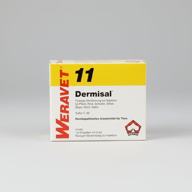 DERMISAL® 11 Ampoules Vet. is a German homeopathic veterinary medicinal product containing Sulfur C30. It is supplied as a liquid dilution for injection and is intended for veterinary use in horses, cattle, pigs, sheep, goats, dogs, and cats.

According to the manufacturer, DERMISAL 11 is traditionally used within veterinary homeopathy for dry and weeping eczema, parasitic eczema, hair loss, and as constitutional support for animals with a pronounced unpleasant body odor. It is also traditionally used durin