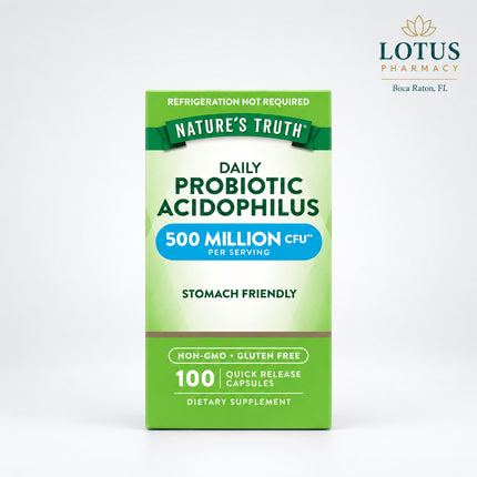 Nature’s Truth Probiotic Acidophilus is a daily probiotic supplement featuring Lactobacillus acidophilus, a beneficial bacterium naturally found in the digestive tract. Each serving provides 500 million CFU to support everyday digestive and intestinal wellness. The quick-release capsules are easy to incorporate into a daily routine and do not require refrigeration.

Nature’s Truth states that this formula is non-GMO and made without gluten, wheat, soy, artificial colors, artificial flavors, artificial sweet