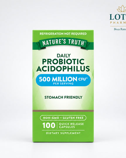 Nature’s Truth Probiotic Acidophilus is a daily probiotic supplement featuring Lactobacillus acidophilus, a beneficial bacterium naturally found in the digestive tract. Each serving provides 500 million CFU to support everyday digestive and intestinal wellness. The quick-release capsules are easy to incorporate into a daily routine and do not require refrigeration.

Nature’s Truth states that this formula is non-GMO and made without gluten, wheat, soy, artificial colors, artificial flavors, artificial sweet