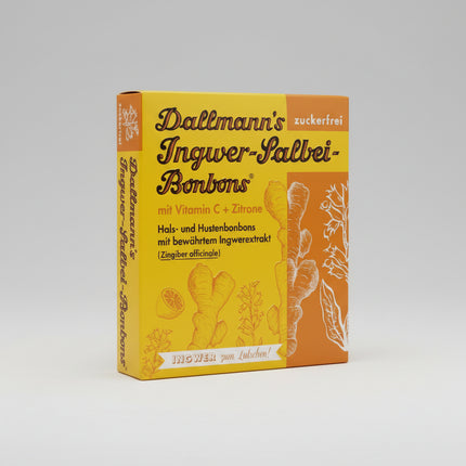 Dallmann’s Ginger Sage Lozenges combine the warming power of ginger with the soothing properties of sage to provide natural relief for sore throat, cough, and throat irritation. These premium German herbal candies are traditionally used to calm scratchy throats, support the voice, and provide refreshing comfort during colds, flu, or dry air.

With their pleasant herbal taste, they are ideal for daily throat care and vocal support.