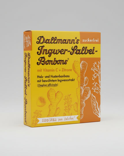 Dallmann’s Ginger Sage Lozenges combine the warming power of ginger with the soothing properties of sage to provide natural relief for sore throat, cough, and throat irritation. These premium German herbal candies are traditionally used to calm scratchy throats, support the voice, and provide refreshing comfort during colds, flu, or dry air.

With their pleasant herbal taste, they are ideal for daily throat care and vocal support.