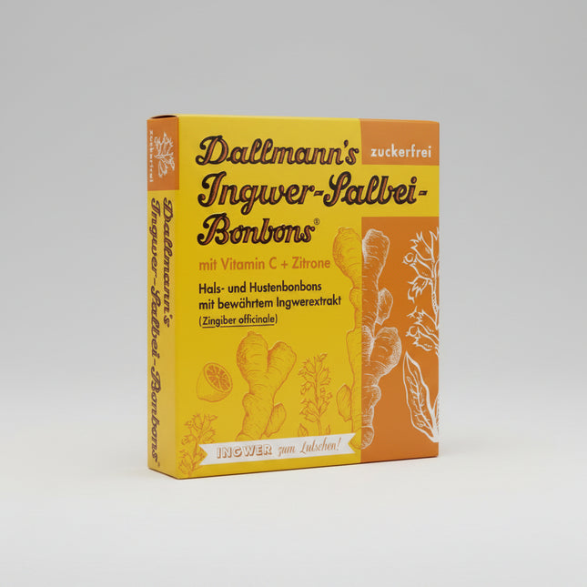 Dallmann’s Ginger Sage Lozenges combine the warming power of ginger with the soothing properties of sage to provide natural relief for sore throat, cough, and throat irritation. These premium German herbal candies are traditionally used to calm scratchy throats, support the voice, and provide refreshing comfort during colds, flu, or dry air.

With their pleasant herbal taste, they are ideal for daily throat care and vocal support.