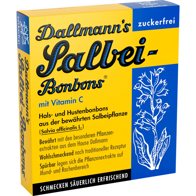 Box of Dallmann's Salbeibonbons with yellow and blue design