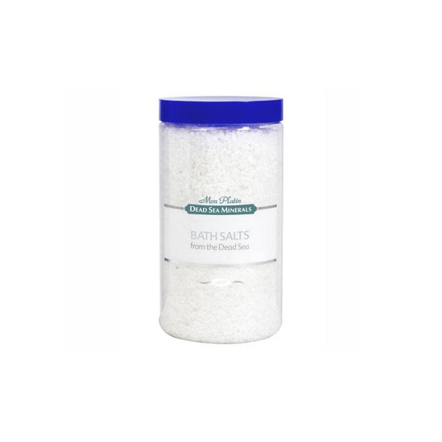 Jar of bath salts with a blue lid on a white background