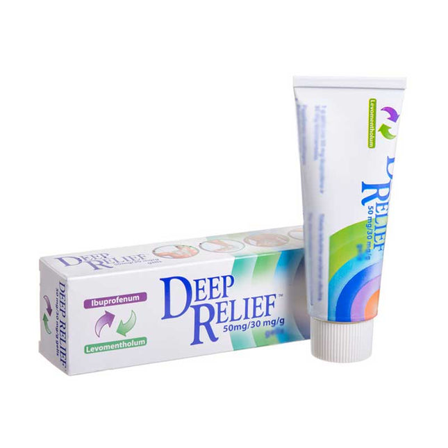 Deep Relief pain relief product with tube and box on a white background