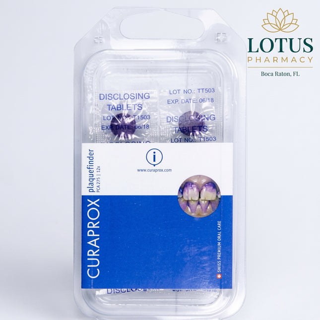 Curaprox PCA 223 Plaquefinder Tablets are dental plaque-disclosing tablets designed to make plaque visible so users can identify areas that need more thorough brushing. After chewing, the tablets use a two-color system: older, more established plaque is stained blue, while newly formed plaque is stained red.&nbsp;
