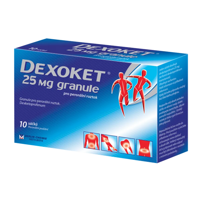 Box of Dexoket 25 mg granules with blue and white design