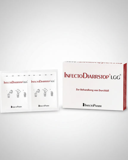 INFECTODIARRSTOP® LGG is a powder for the preparation of an oral suspension designed for the supportive treatment of acute diarrhea. The formulation combines oral rehydration components with Lactobacillus rhamnosus GG (LGG) to help replace fluids and electrolytes lost during diarrhea while supporting the normal balance of intestinal microflora.