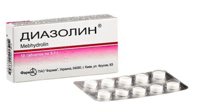 Box and blister pack of Diazolin tablets on a white background