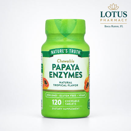 Nature’s Truth Papaya Enzymes Chewables are a tropical-flavored digestive supplement designed to provide convenient digestive enzyme support in an easy-to-chew tablet. The formula features papaya-derived enzymes, commonly used to support the breakdown of food and everyday digestive comfort.

The product is offered in a 120-count chewable format and is listed by Nature’s Truth as part of its digestive health supplement line.