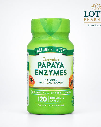 Nature’s Truth Papaya Enzymes Chewables are a tropical-flavored digestive supplement designed to provide convenient digestive enzyme support in an easy-to-chew tablet. The formula features papaya-derived enzymes, commonly used to support the breakdown of food and everyday digestive comfort.

The product is offered in a 120-count chewable format and is listed by Nature’s Truth as part of its digestive health supplement line.