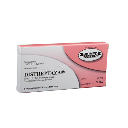 Box of Distreptaza with pink and white design on a white background