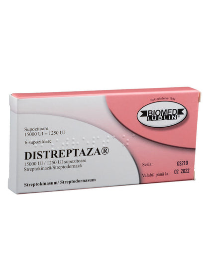 Box of Distreptaza with pink and white design on a white background