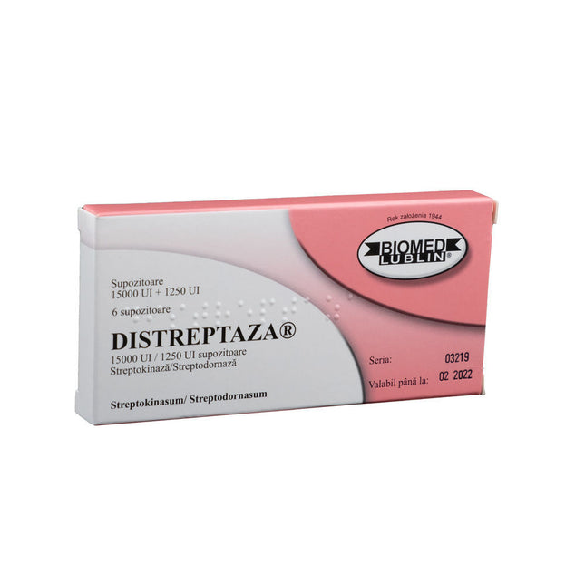 Box of Distreptaza with pink and white design on a white background