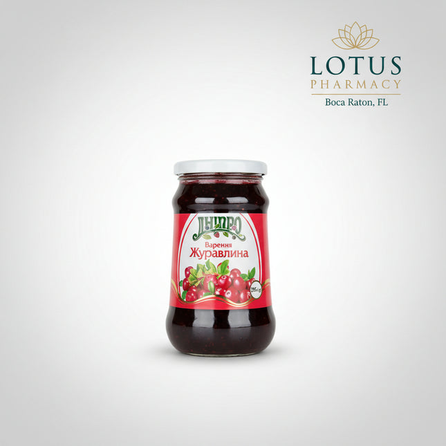 Dnipro Cranberry Preserve (Варення Журавлина) is a traditional Eastern European fruit preserve made with cranberries, known for their distinctive bright, tart flavor balanced by pleasant sweetness.

Cranberries have a naturally vibrant red color and characteristic tangy taste, making this preserve an excellent accompaniment to tea, toast, pancakes, crepes, yogurt, oatmeal, pastries, and desserts.