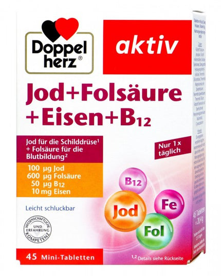 Doppelherz Iodine + Folic Acid + Iron + B12 (Доппельгерц Йод + Фолиевая кислота + Железо + В12), 45 Mini Tablets