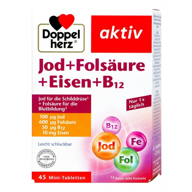 Doppelherz Iodine + Folic Acid + Iron + B12 (Доппельгерц Йод + Фолиевая кислота + Железо + В12), 45 Mini Tablets
