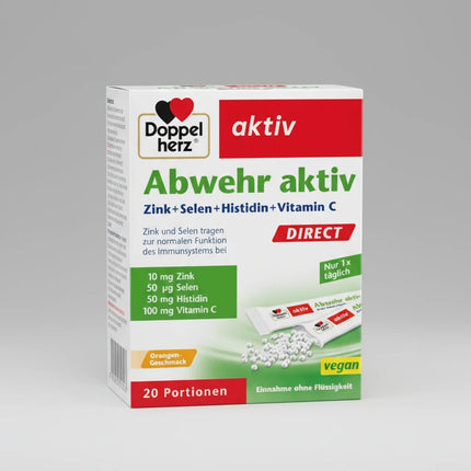 Doppelherz Abwehr Aktiv Direct is a&nbsp;dietary supplement for immune support in a convenient direct granule form, designed to be taken without water. It combines essential vitamins, minerals, and trace elements that contribute to the normal functioning of the immune system.