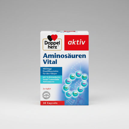 Doppelherz Aminosäuren Vital is dietary supplement formulated with a blend of essential amino acids and supportive micronutrients to help support muscle maintenance, protein metabolism, and general vitality. Amino acids are the building blocks of proteins and play a key role in tissue repair, metabolic processes, and energy production.