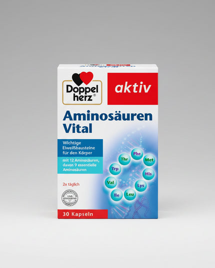 Doppelherz Aminosäuren Vital is dietary supplement formulated with a blend of essential amino acids and supportive micronutrients to help support muscle maintenance, protein metabolism, and general vitality. Amino acids are the building blocks of proteins and play a key role in tissue repair, metabolic processes, and energy production.