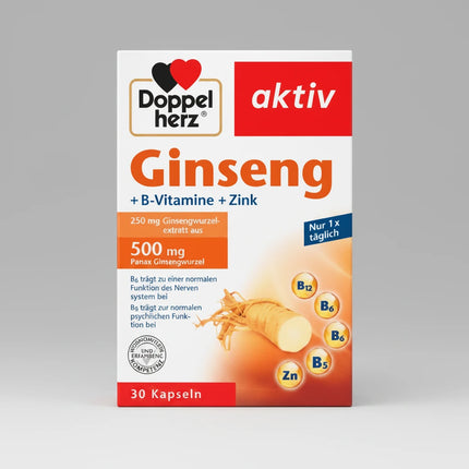Doppelherz Ginseng + B-Vitamins +Zinc is a dietary supplement that provides a blend of essential nutrients to support your overall well-being. It contains 250 mg of ginseng root extract, along with vitamins B5, B6, B12, and folic acid to help boost energy levels, reduce fatigue, and support mental performance. Additionally, the formula includes zinc, which contributes to normal cognitive function and helps protect cells from oxidative stress. This comprehensive supplement is designed to help you feel more v