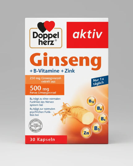 Doppelherz Ginseng + B-Vitamins +Zinc is a dietary supplement that provides a blend of essential nutrients to support your overall well-being. It contains 250 mg of ginseng root extract, along with vitamins B5, B6, B12, and folic acid to help boost energy levels, reduce fatigue, and support mental performance. Additionally, the formula includes zinc, which contributes to normal cognitive function and helps protect cells from oxidative stress. This comprehensive supplement is designed to help you feel more v
