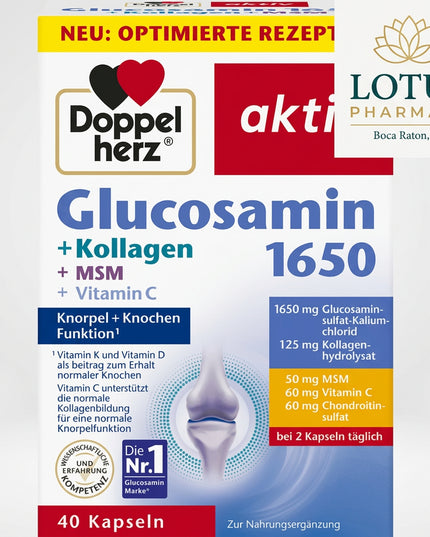 Doppelherz Glucosamin 1650 is a German joint-health supplement formulated with glucosamine sulfate, collagen hydrolysate, chondroitin sulfate, MSM, vitamin C, vitamin D, and vitamin K. It is designed to support normal cartilage, bones, connective tissue, and muscle function as part of an active lifestyle.