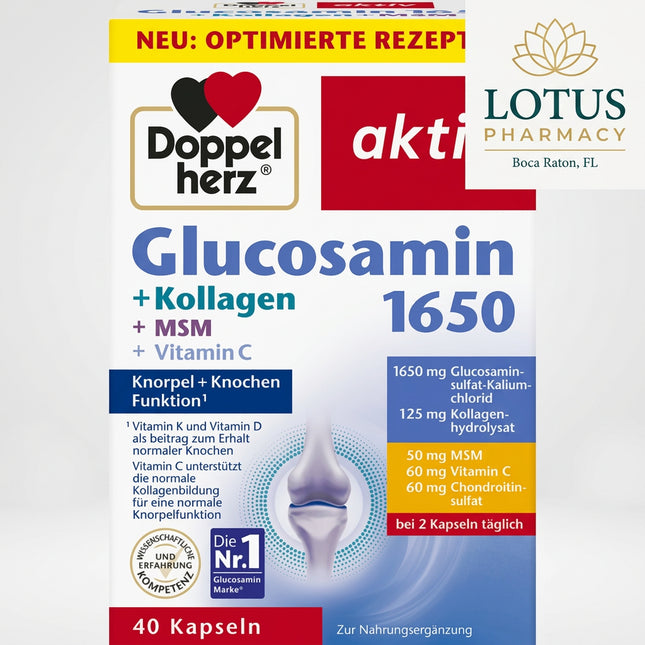 Doppelherz Glucosamin 1650 is a German joint-health supplement formulated with glucosamine sulfate, collagen hydrolysate, chondroitin sulfate, MSM, vitamin C, vitamin D, and vitamin K. It is designed to support normal cartilage, bones, connective tissue, and muscle function as part of an active lifestyle.