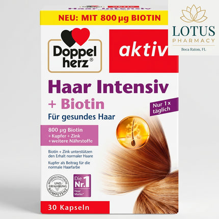 Doppelherz Hair Intensive + Biotin is a German dietary supplement formulated to support healthy hair, hair strength, and normal skin and nail condition. The formula combines biotin, zinc, copper, B vitamins, amino acids, and millet extract to provide targeted nutritional support for hair structure and growth.