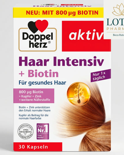 Doppelherz Hair Intensive + Biotin is a German dietary supplement formulated to support healthy hair, hair strength, and normal skin and nail condition. The formula combines biotin, zinc, copper, B vitamins, amino acids, and millet extract to provide targeted nutritional support for hair structure and growth.