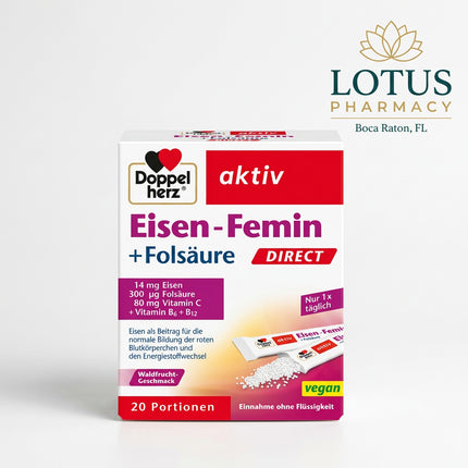 Doppelherz Iron Femin Direct is a German dietary supplement formulated specifically to support normal blood formation, iron status, energy metabolism, and reduction of tiredness and fatigue. Each convenient direct-use sachet contains iron, folic acid, vitamin C, vitamin B6, and vitamin B12 in berry-flavored micro-pellets that dissolve directly on the tongue without water.