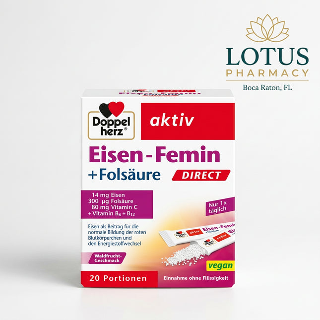 Doppelherz Iron Femin Direct is a German dietary supplement formulated specifically to support normal blood formation, iron status, energy metabolism, and reduction of tiredness and fatigue. Each convenient direct-use sachet contains iron, folic acid, vitamin C, vitamin B6, and vitamin B12 in berry-flavored micro-pellets that dissolve directly on the tongue without water.