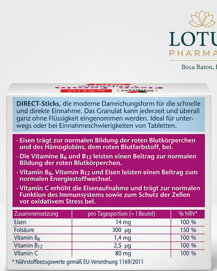 Doppelherz Iron Femin Direct is a German dietary supplement formulated specifically to support normal blood formation, iron status, energy metabolism, and reduction of tiredness and fatigue. Each convenient direct-use sachet contains iron, folic acid, vitamin C, vitamin B6, and vitamin B12 in berry-flavored micro-pellets that dissolve directly on the tongue without water.