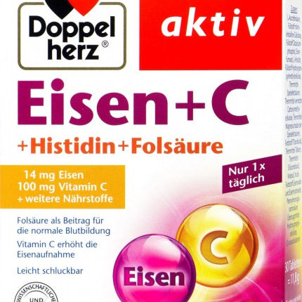 Doppelherz Hierro + Vitamina C + Histidina + Ácido Fólico (Доппельгерц Железо + Витамин C + Гистидин + Фолиевая кислота), 30 Comprimidos