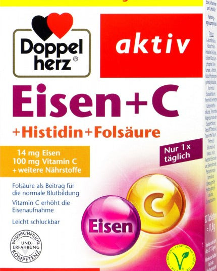 Doppelherz Hierro + Vitamina C + Histidina + Ácido Fólico (Доппельгерц Железо + Витамин C + Гистидин + Фолиевая кислота), 30 Comprimidos