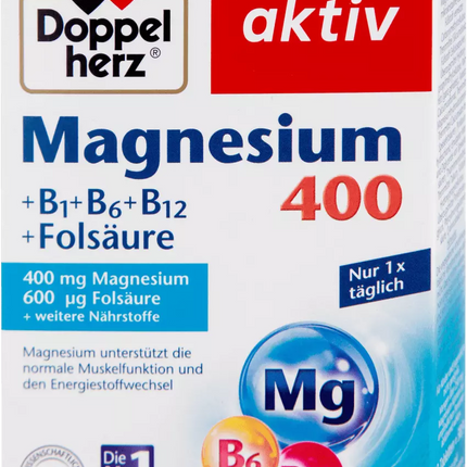Doppelherz Magnesium supplement packaging with vitamins B1, B6, and B12 on a white background