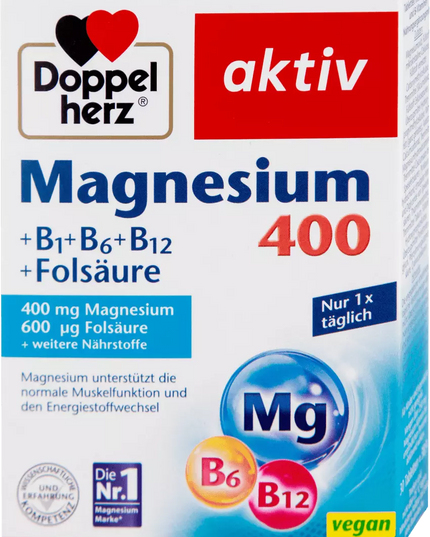 Doppelherz Magnesium supplement packaging with vitamins B1, B6, and B12 on a white background