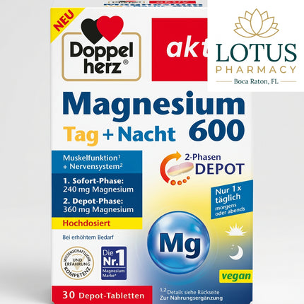 Doppelherz Magnesium 600 Day + Night is a high-dose German magnesium supplement featuring a 2-phase depot system designed to provide both rapid and prolonged magnesium release. Each tablet supplies 600 mg of magnesium.

The two-phase tablet releases approximately 240 mg magnesium in the immediate phase and 360 mg gradually over several hours, supporting magnesium availability throughout the day or night.