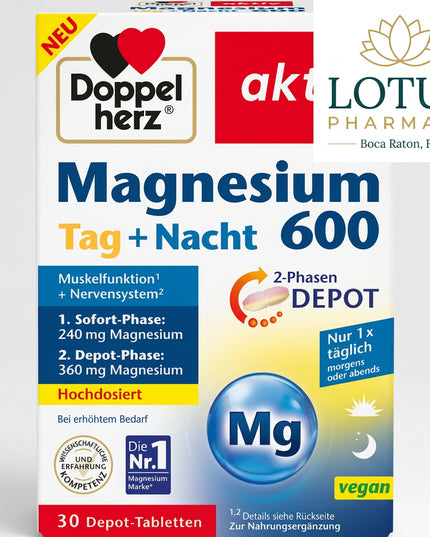 Doppelherz Magnesium 600 Day + Night is a high-dose German magnesium supplement featuring a 2-phase depot system designed to provide both rapid and prolonged magnesium release. Each tablet supplies 600 mg of magnesium.

The two-phase tablet releases approximately 240 mg magnesium in the immediate phase and 360 mg gradually over several hours, supporting magnesium availability throughout the day or night.